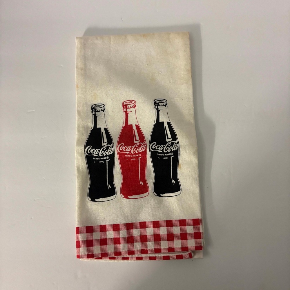 Coca-Cola Kitchen Tea Towel 25x13 Red Gingham Coke Bottles Retro